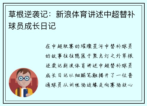草根逆袭记：新浪体育讲述中超替补球员成长日记