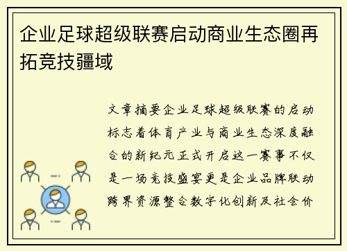 企业足球超级联赛启动商业生态圈再拓竞技疆域